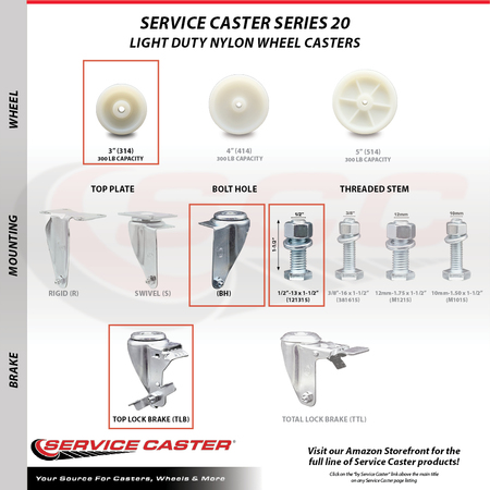 Service Caster 3 Inch SS Nylon Wheel Swivel ½ Inch Threaded Stem Caster with Brake SCC SCC-SSTS20S314-NYS-TLB-121315